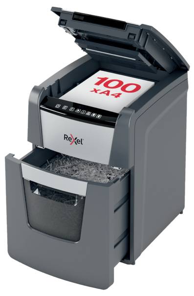 Rexel Optimum AutoFeed+ 100X Aktenvernichter 100 Blatt Partikelschnitt 4 x 28 mm P-4 34 l Vernichtet auch Büroklammern, Heftklammern, Kreditkarte