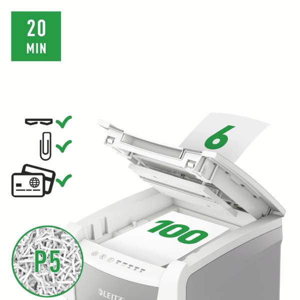 'Leitz 100' Papierschredder mit automatischer Zuführung, zerkleinert bis zu 100 Blatt auf Sicherheitsstufe P5 innerhalb von 20 Minuten.