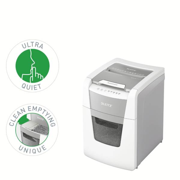 Schneidemaschine in Weiß. Zwei Symbole daneben: 'Ultra Leise' mit Flüsterkopf, 'Einfaches Entleeren' mit Müllkorb. Produktlogisch platziert.