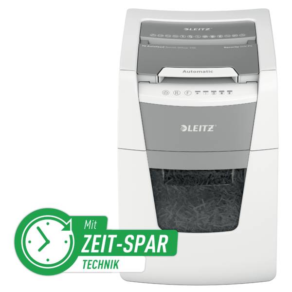 Ein weißer Leitz Aktenvernichter mit automatischer Zufuhr. Im Vordergrund steht 'Zeit-Spar Technik'. Geeignet für Büros.