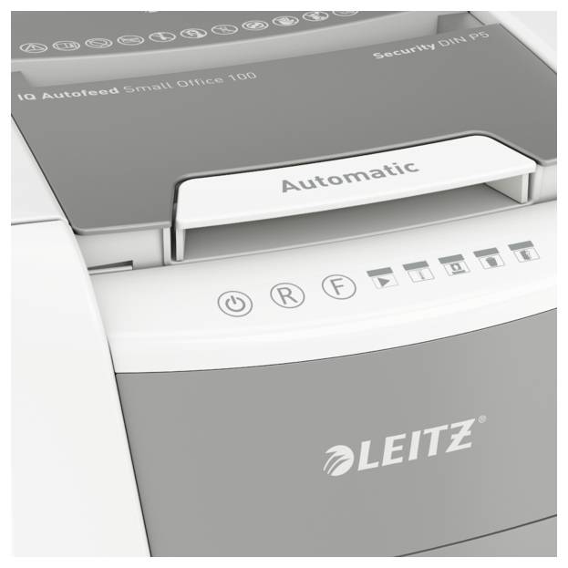 Ein Aktenvernichter von LEITZ mit der Aufschrift 'Automatic', geeignet für kleine Büros. Oben sind Bedientasten und Symbole sichtbar.