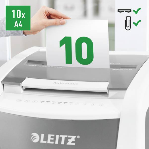 Eine Hand legt ein Blatt Papier mit der Zahl '10' in einen Aktenvernichter ein. Das Gerät ist für 10 A4-Blätter geeignet. Büroklammern und Heftklammern sind zulässig.