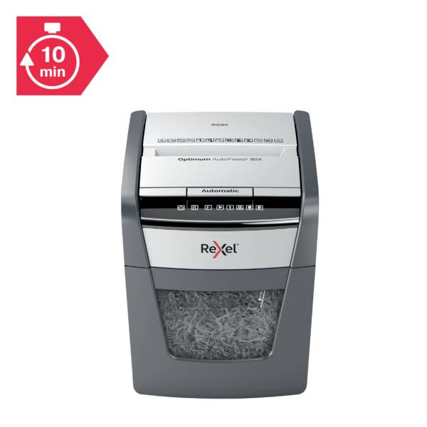 Rexel Optimum AutoFeed+ 50X Aktenvernichter 50 Blatt Mikroschnitt 4 x 28 mm P-4 20 l Vernichtet auch Büroklammern, Heftklammern, Kreditkarte