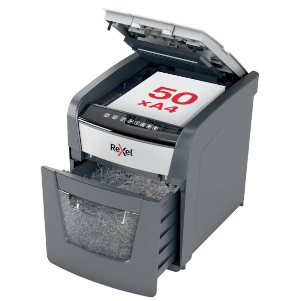 Rexel Optimum AutoFeed+ 50X Aktenvernichter 50 Blatt Mikroschnitt 4 x 28mm P-4 20l Vernichtet auch Büroklammern, Heftklammern