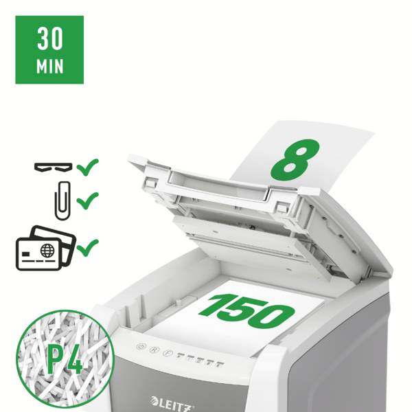 Ein Aktenvernichter, der Papier zerkleinert. An der Seite zeigt eine grüne Anzeige '30 Min', und Symbole für Sicherheitsstufe P4.