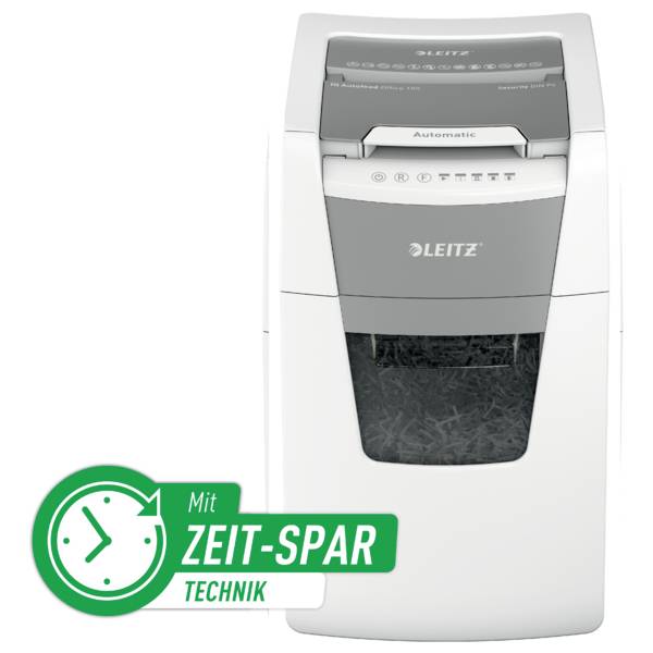 Ein weißer Aktenvernichter der Marke Leitz mit Zeit-Spar-Technik Label, zeigt geschreddertes Papier im unteren Fach.
