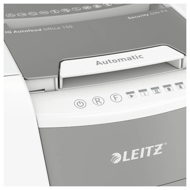 Eine graue Aktenvernichter-Maschine mit der Aufschrift 'Automatic' und 'LEITZ' sorgt für sicheres Vernichten von Dokumenten.