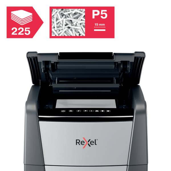 Rexel Optimum AutoFeed+ 225M Aktenvernichter 225 Blatt Mikroschnitt 2 x 15 mm P-5 60 l Vernichtet auch Büroklammern, Heftklammern, Kreditkarten