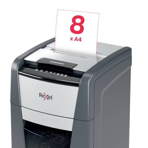 Rexel Optimum AutoFeed+ 225M Aktenvernichter 225 Blatt Mikroschnitt 2 x 15 mm P-5 60 l Vernichtet auch Büroklammern, Heftklammern, Kreditkarten