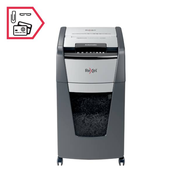 Rexel Optimum AutoFeed+ 225M Aktenvernichter 225 Blatt Mikroschnitt 2 x 15 mm P-5 60 l Vernichtet auch Büroklammern, Heftklammern, Kreditkarten