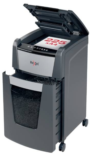 Rexel Optimum AutoFeed+ 225M Aktenvernichter 225 Blatt Mikroschnitt 2 x 15 mm P-5 60 l Vernichtet auch Büroklammern, Heftklammern, Kreditkarten