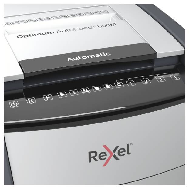 Rexel Optimum AutoFeed+ 600M Aktenvernichter 600 Blatt Mikroschnitt 2 x 15 mm P-5 110 l Vernichtet auch Büroklammern, Heftklammern, Kreditkarte
