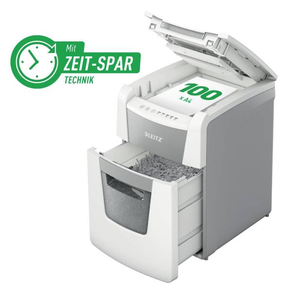 Ein Aktenvernichter mit geöffneter Klappe und Text 'Mit ZEIT-SPAR Technik' zeigt ein Blatt mit '100 x A4', daneben geschreddertes Papier.