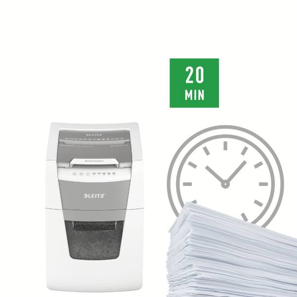 Papierstapel neben einem Aktenvernichter und einer Uhr, die auf 20 Minuten zeigt. Symbolisiert schnelle Aktenvernichtung.