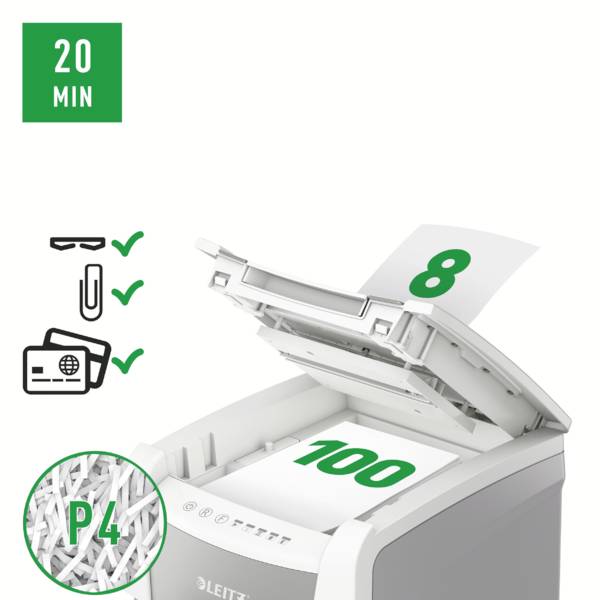 Ein Aktenvernichter zerkleinert Papier mit der Zahl '8'. Symbole zeigen eine Laufzeit von 20 Minuten und Sicherheitsstufe P4.