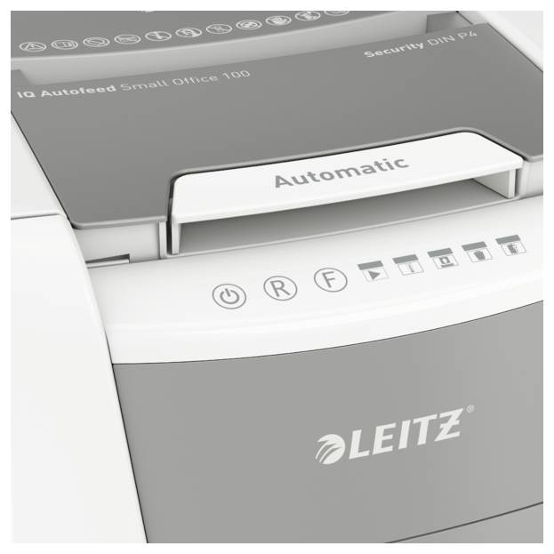 Ein automatischer Aktenvernichter der Marke Leitz mit Bedientasten für Start, Stop und Rücklauf.