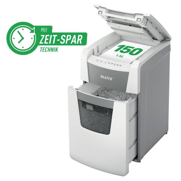 Ein Aktenvernichter mit geöffnetem Deckel zeigt geschreddertes Papier. Ein grünes Logo betont 'Mit ZEIT-SPAR TECHNIK' und '150'.