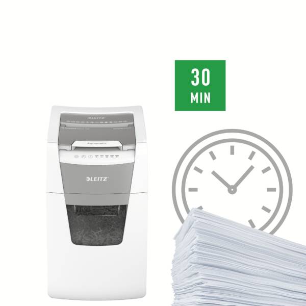 Ein Aktenvernichter neben einem Stapel Papier und einer Uhranzeige mit '30 MIN', die die Betriebszeit angibt.