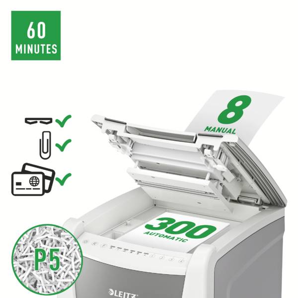 Ein Aktenvernichter mit der Aufschrift '300 Automatic', zeigt einen geöffneten Papierbehälter, daneben Symbole für Sicherheit und Leistung.