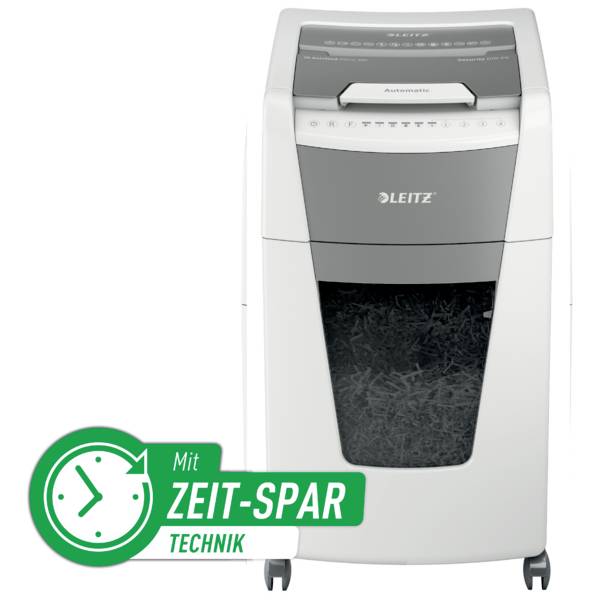 'Leitz Aktenvernichter', mit großer Papierauffangbox; darunter ein Icon mit Uhr und Text 'Zeit-Spar Technik'.