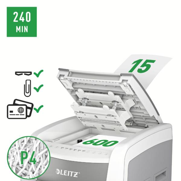Leitz IQ Autofeed Office Pro 600 P4 Aktenvernichter 600 Blatt Partikelschnitt 4 x 36mm P-4 110l Vernichtet auch Büroklammern