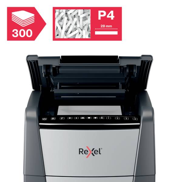 Rexel Optimum AutoFeed+ 300X Aktenvernichter 300 Blatt Mikroschnitt 4 x 25 mm P-4 60 l Vernichtet auch Büroklammern, Heftklammern, Kreditkarte