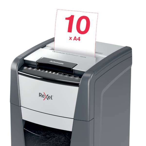 Rexel Optimum AutoFeed+ 300X Aktenvernichter 300 Blatt Mikroschnitt 4 x 25mm P-4 60l Vernichtet auch Büroklammern, Heftklammern
