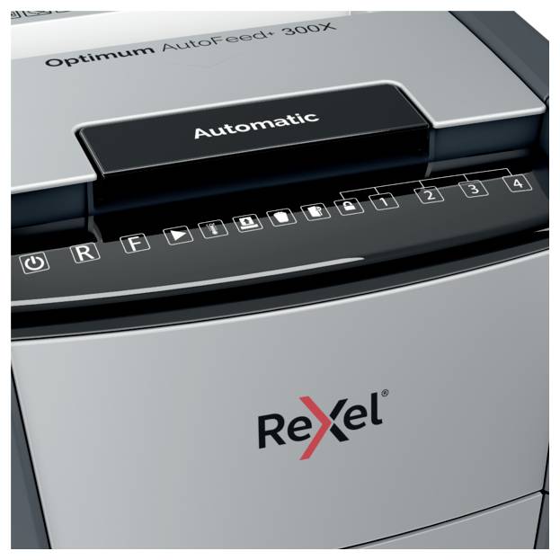Rexel Optimum AutoFeed+ 300X Aktenvernichter 300 Blatt Mikroschnitt 4 x 25mm P-4 60l Vernichtet auch Büroklammern, Heftklammern