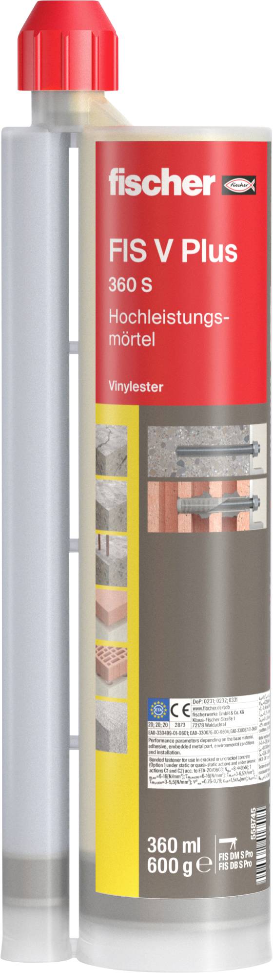 Kartusche des Fischer FIS V Plus 360 S Hochleistungsmörtels mit 360 ml Volumen. Enthält Vinylester und ist für schwere Befestigungen geeignet.