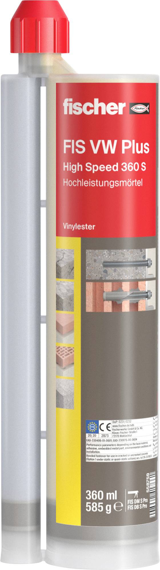 Kartusche mit Injektionsmörtel 'FIS VW Plus' von Fischer, 360 ml, für Befestigungen in Mauerwerk, Beton oder Porenbeton.