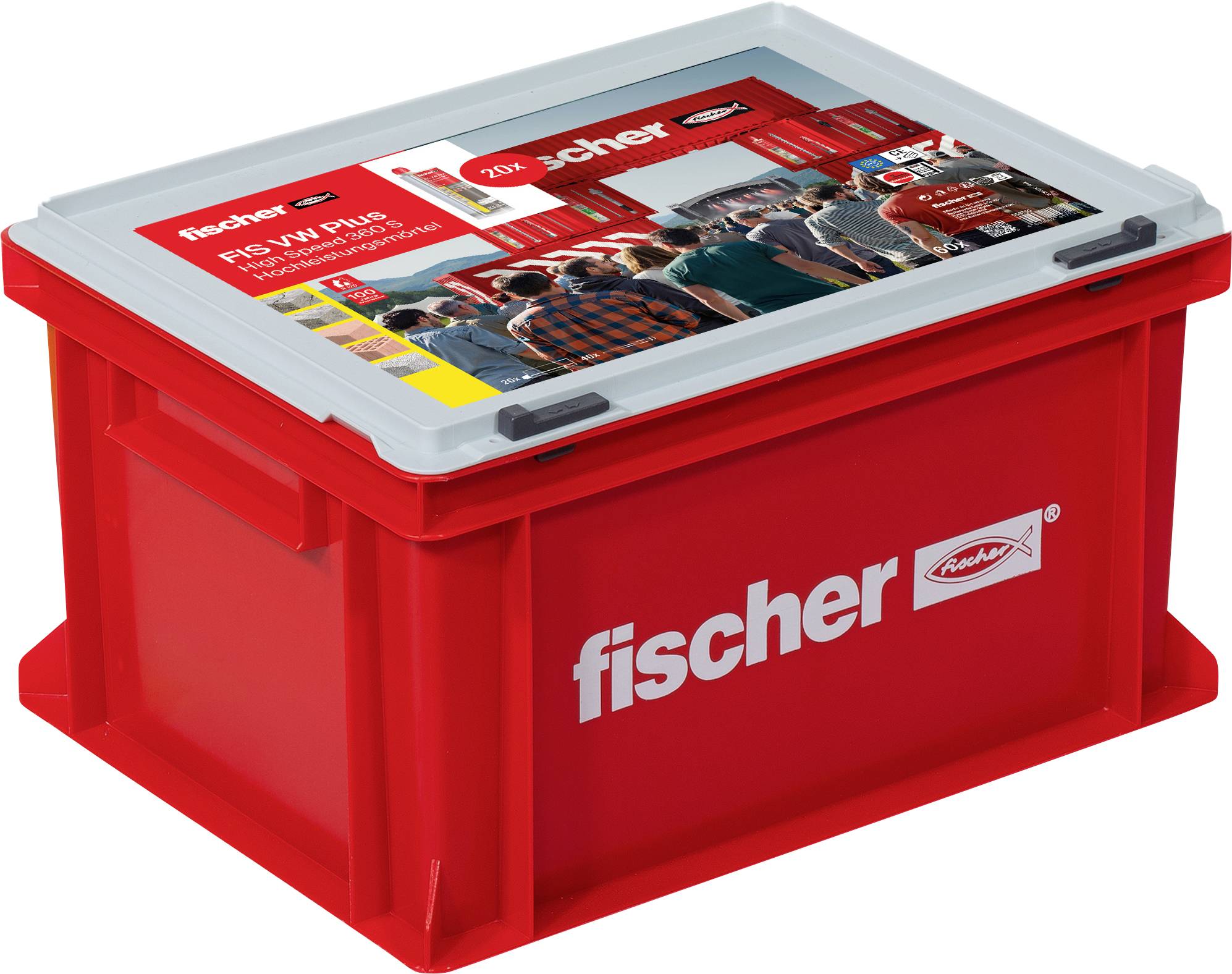 Roter Kunststoffbehälter von Fischer mit Deckel, abgebildet mit einem Bild von Menschen bei einem Outdoor-Event und Produktinformationen.