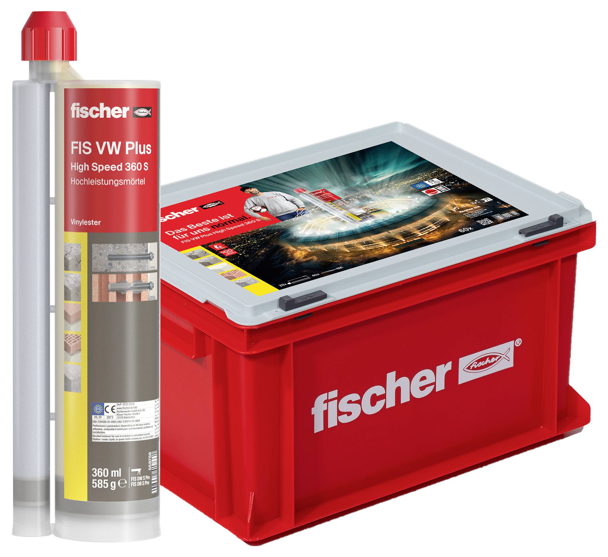 'Fischer FIS VW Plus High Speed 360 S' Montagemörtel und roter Aufbewahrungsbox im Hintergrund.