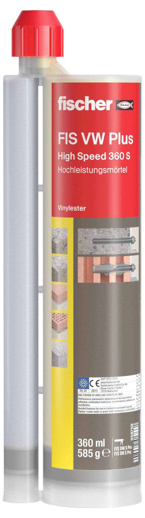 Kartusche mit rotem Verschluss, beschriftet 'fischer FIS VW Plus High Speed 360 S Hochleistungsmörtel'. Enthält Anwendungsbilder.