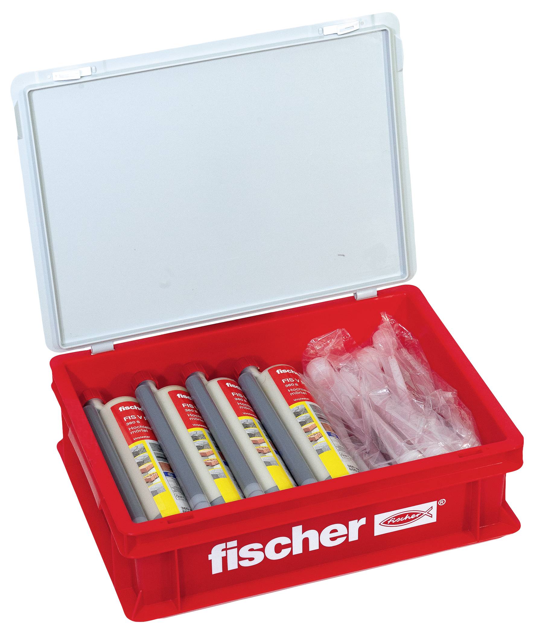 Ein roter offener Kunststoffbehälter mit der Aufschrift „fischer