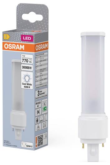 OSRAM LED-Glühbirne und Verpackung, die eine kompakte Stecklampe mit der Bezeichnung 7W, 770 lm, 30000 h, kaltweißes Licht 4000K zeigt.