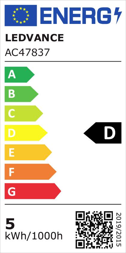 Etikett zur Energieeffizienz einer LED-Lampe von Ledvance, Modell AC47837, bewertet mit 'D'; Verbrauch: 5 kWh/1000h.