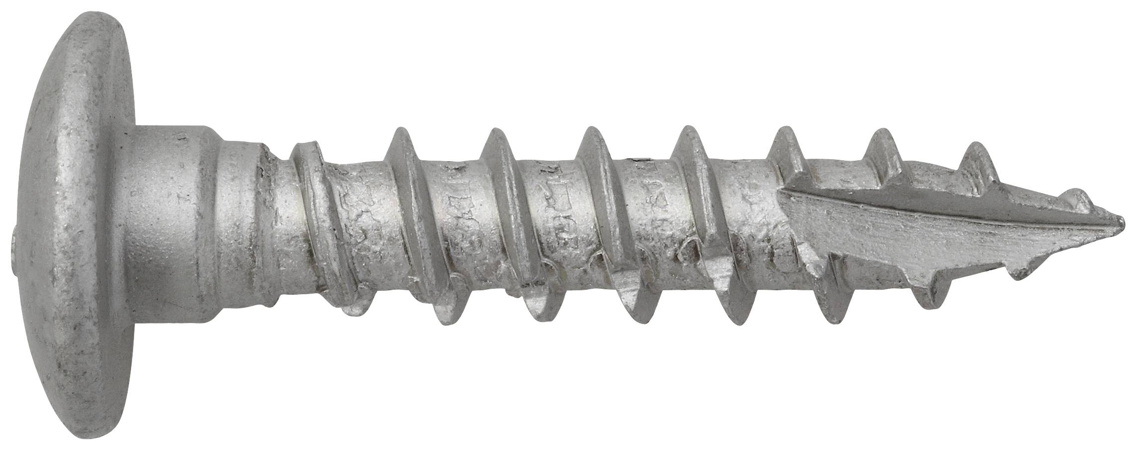 Silberne Schraube mit flachem Kopf und scharfen Gewinden, fotografiert auf weißem Hintergrund.