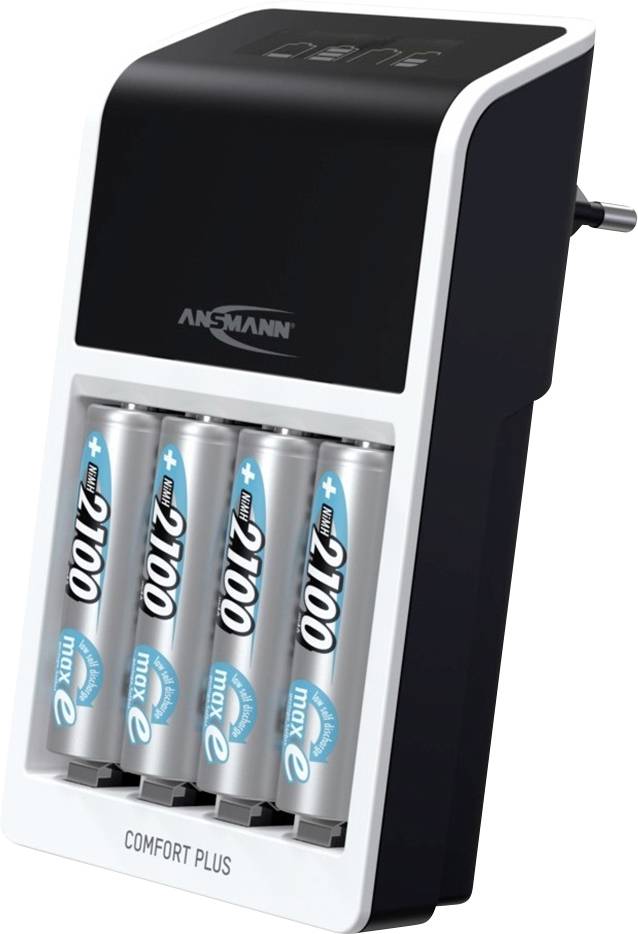 Akkuladegerät mit vier AA-Batterien eingeschlossen. Oben das Markenlogo. Das Gerät ist schwarz-weiß mit sichtbarem Stecker.