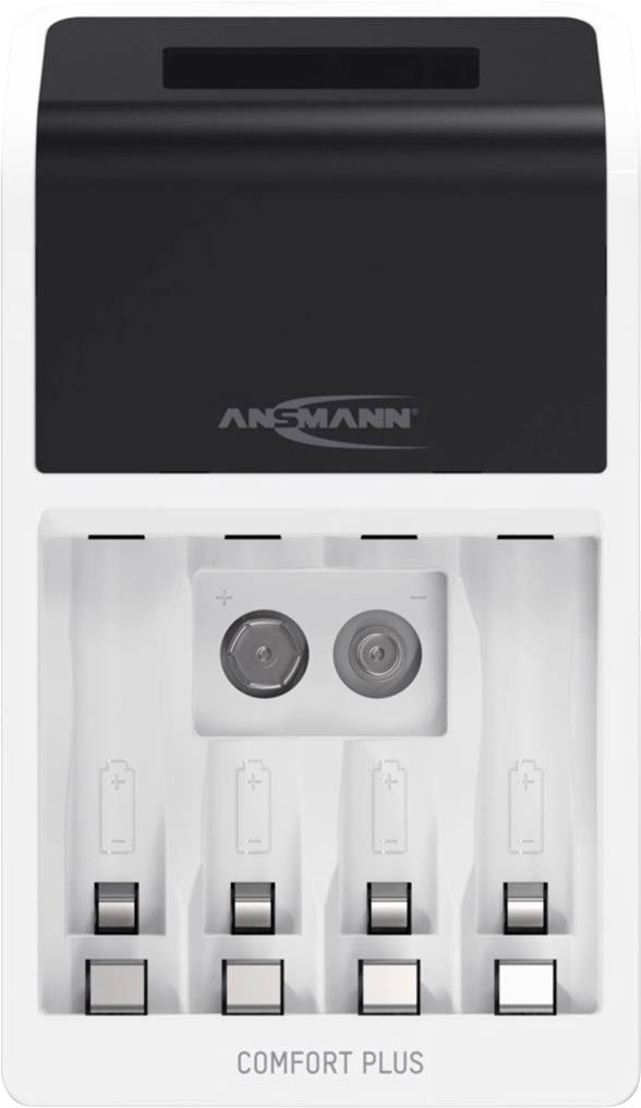 Batterieladegerät mit vier Ladeschächten, geeignet für AA- und AAA-Batterien, Markenname mittig aufgedruckt, Modell 'Comfort Plus'.