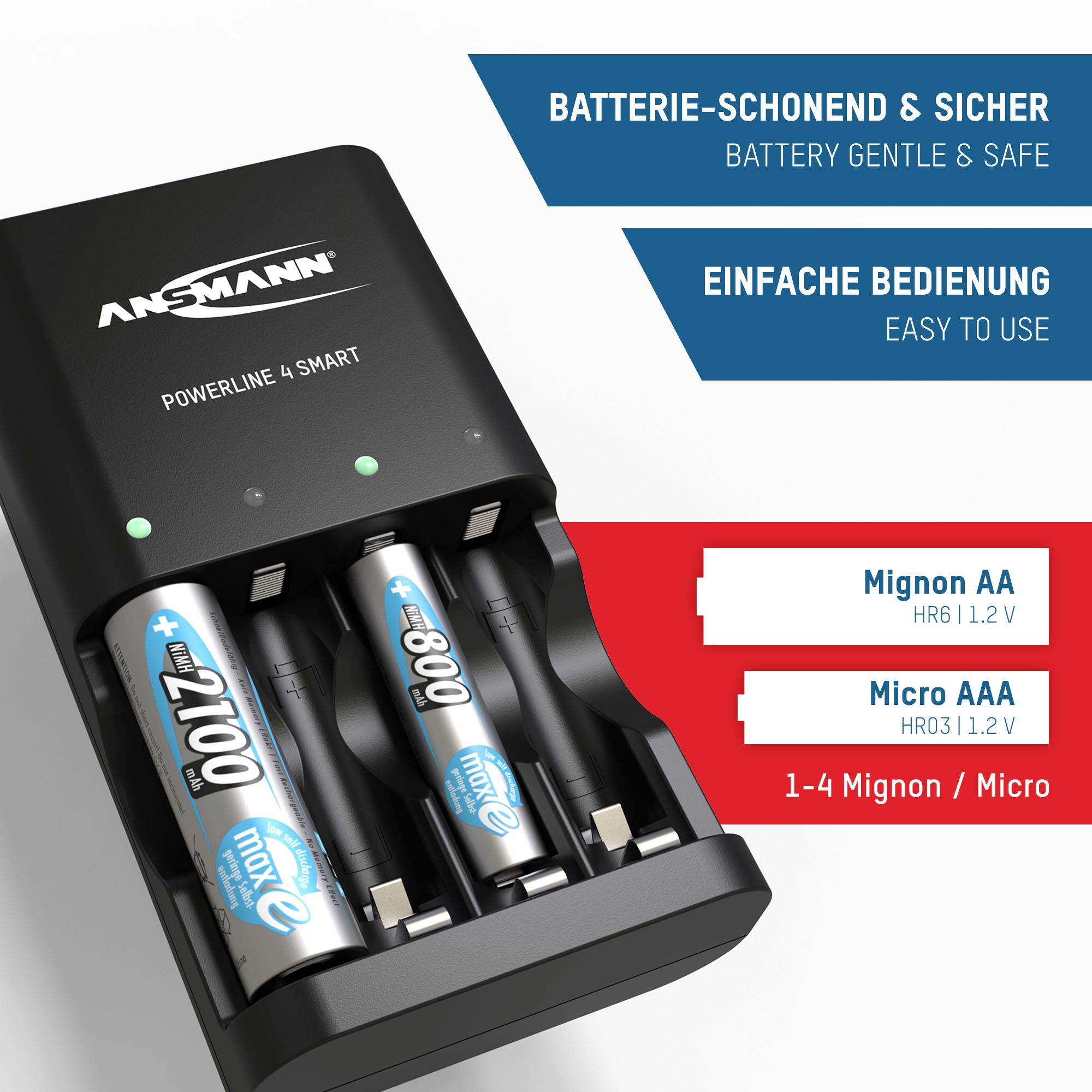 Ansmann Powerline 4 Smart Rundzellen-Ladegerät NiCd, NiMH Micro (AAA), Mignon (AA)