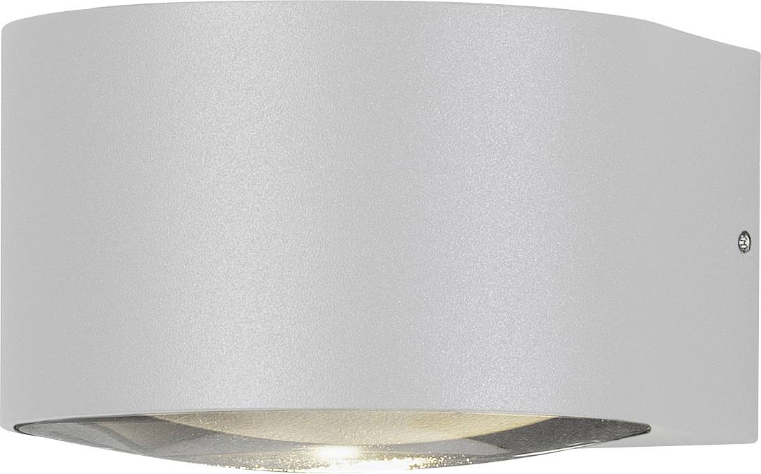 Eine moderne, silberne Wandleuchte mit nach oben und unten gerichteter Lichtabstrahlung. Ideal für zeitgemäße Innenräume.