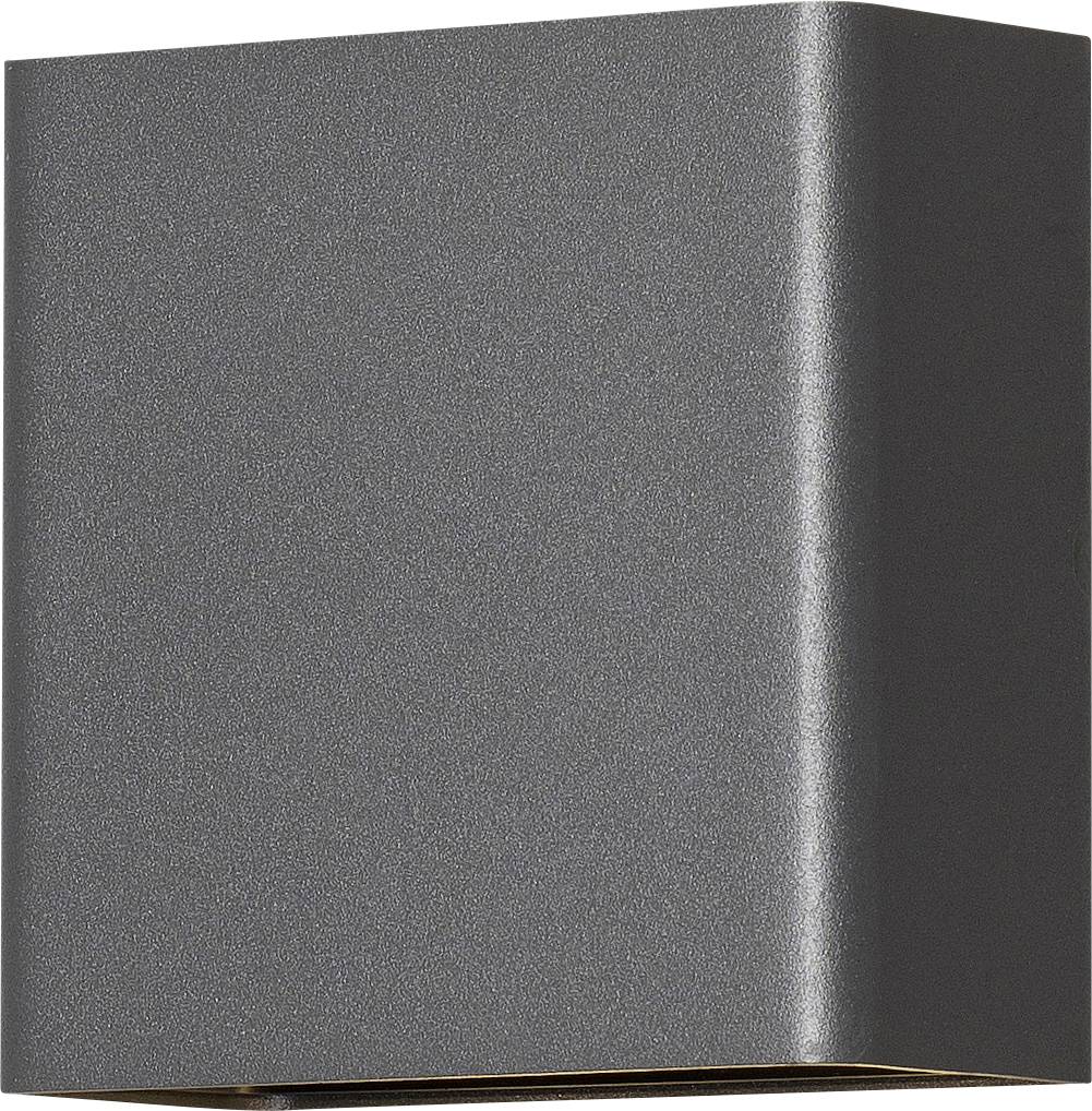 Wandleuchte in rechteckiger Form, dunkelgrau, aus Metall. Geeignet für moderne Innenräume oder Außenbereiche, minimalistische Optik.