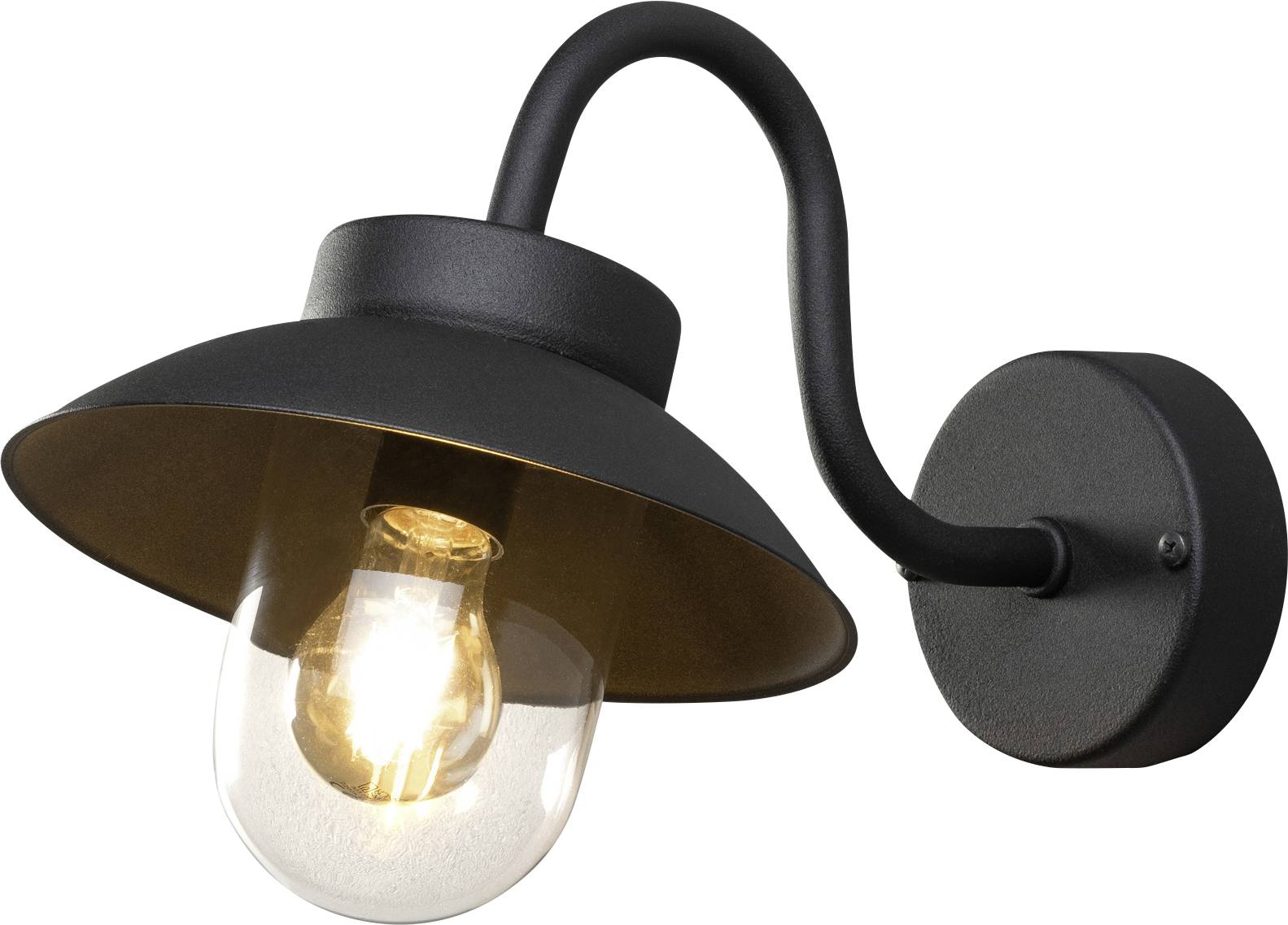 Eine schwarze Wandleuchte mit gebogenem Arm und klarer Glühbirne, strahlt warmes Licht aus. Ideal für elegante Innenbeleuchtung.