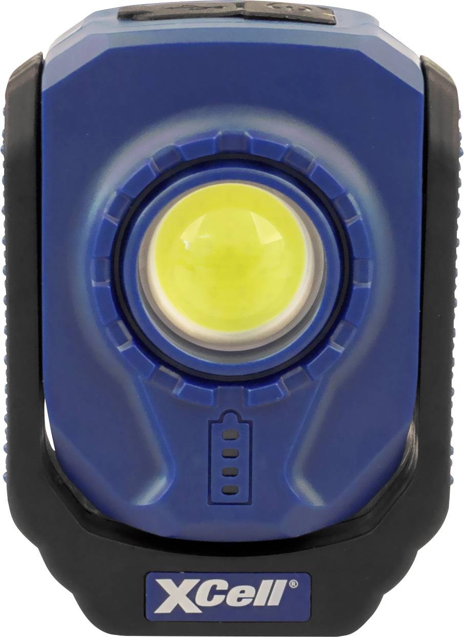 Eine blaue, tragbare LED-Lampe mit gelbem Licht in der Mitte, Markenlogo 'XCell' unten, geeignet für Outdoor-Aktivitäten.