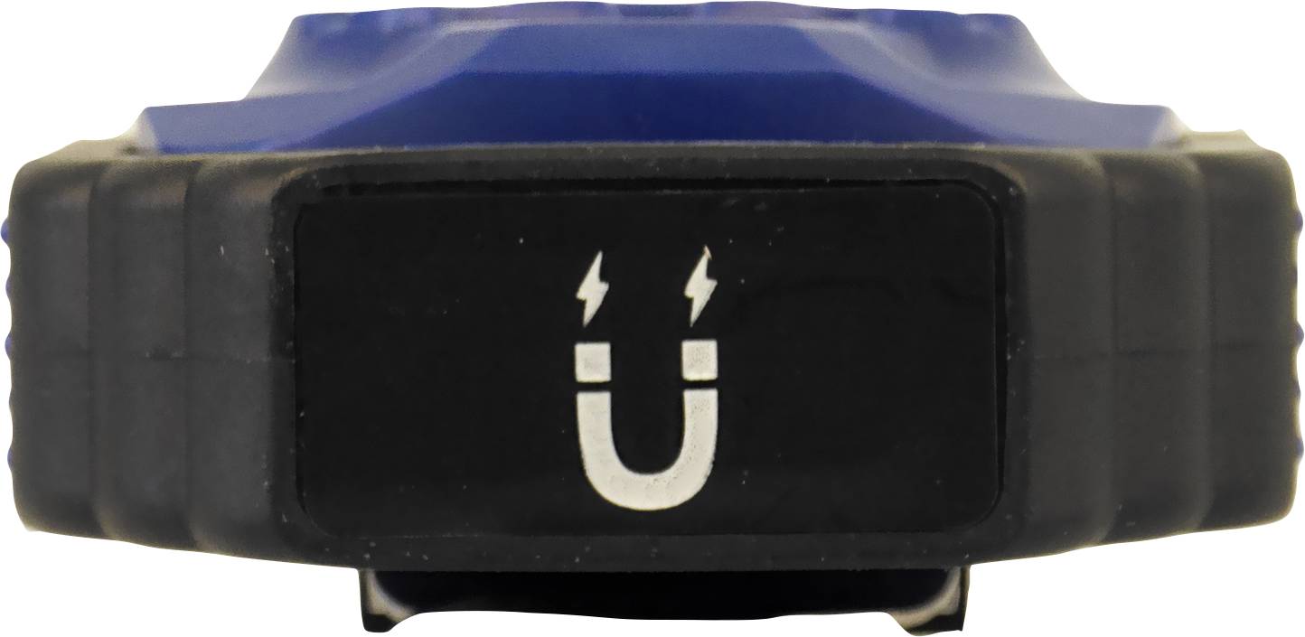 Blaues Gerät mit schwarzer Vorderseite, darauf ein Magentsymbol mit zwei kleinen Blitzen. Verwendbar zur Befestigung auf metallischen Oberflächen.
