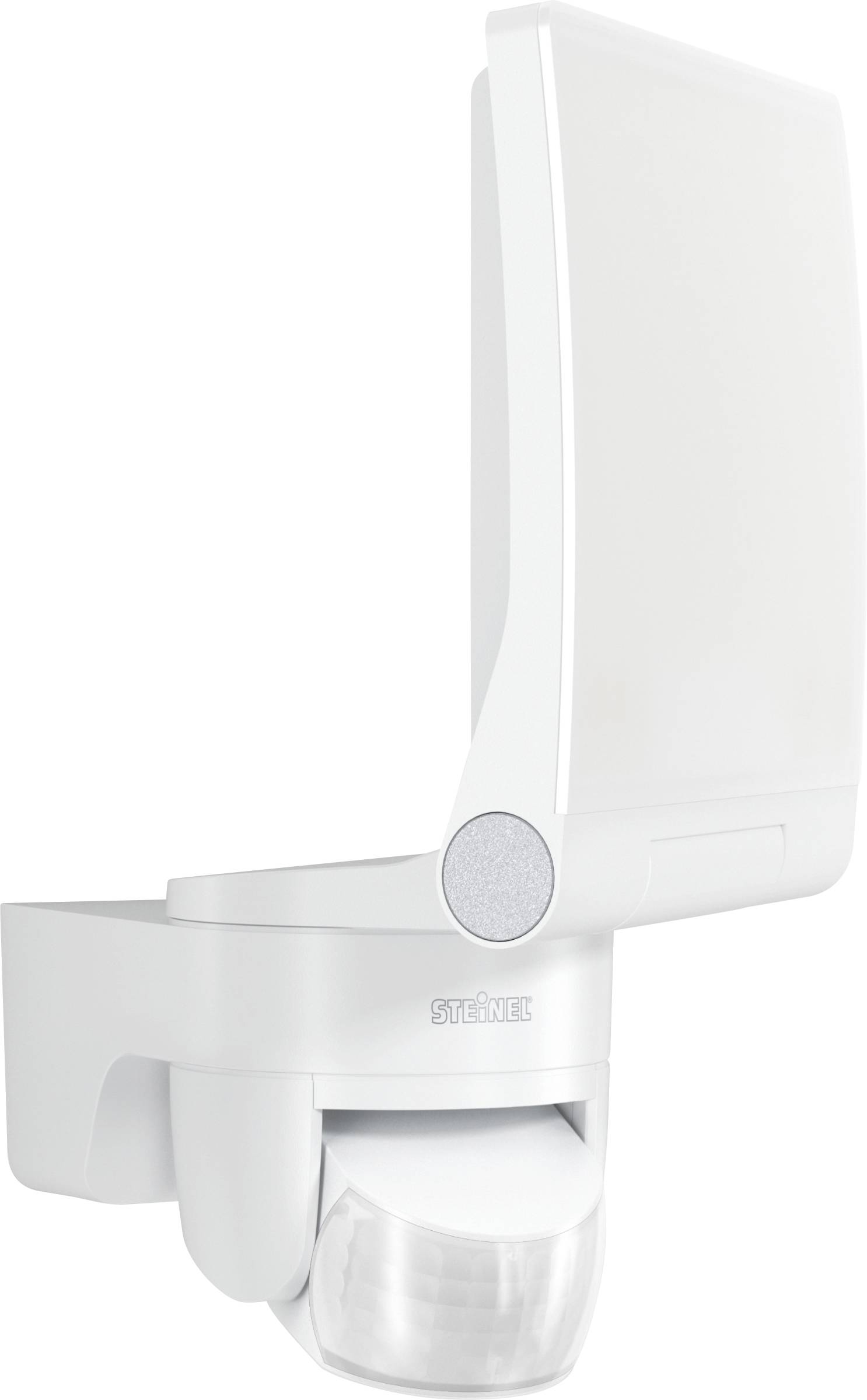 Weiße Außenleuchte mit Bewegungsmelder, montiert an Wandhalterung, markiert mit Herstellerlogo.