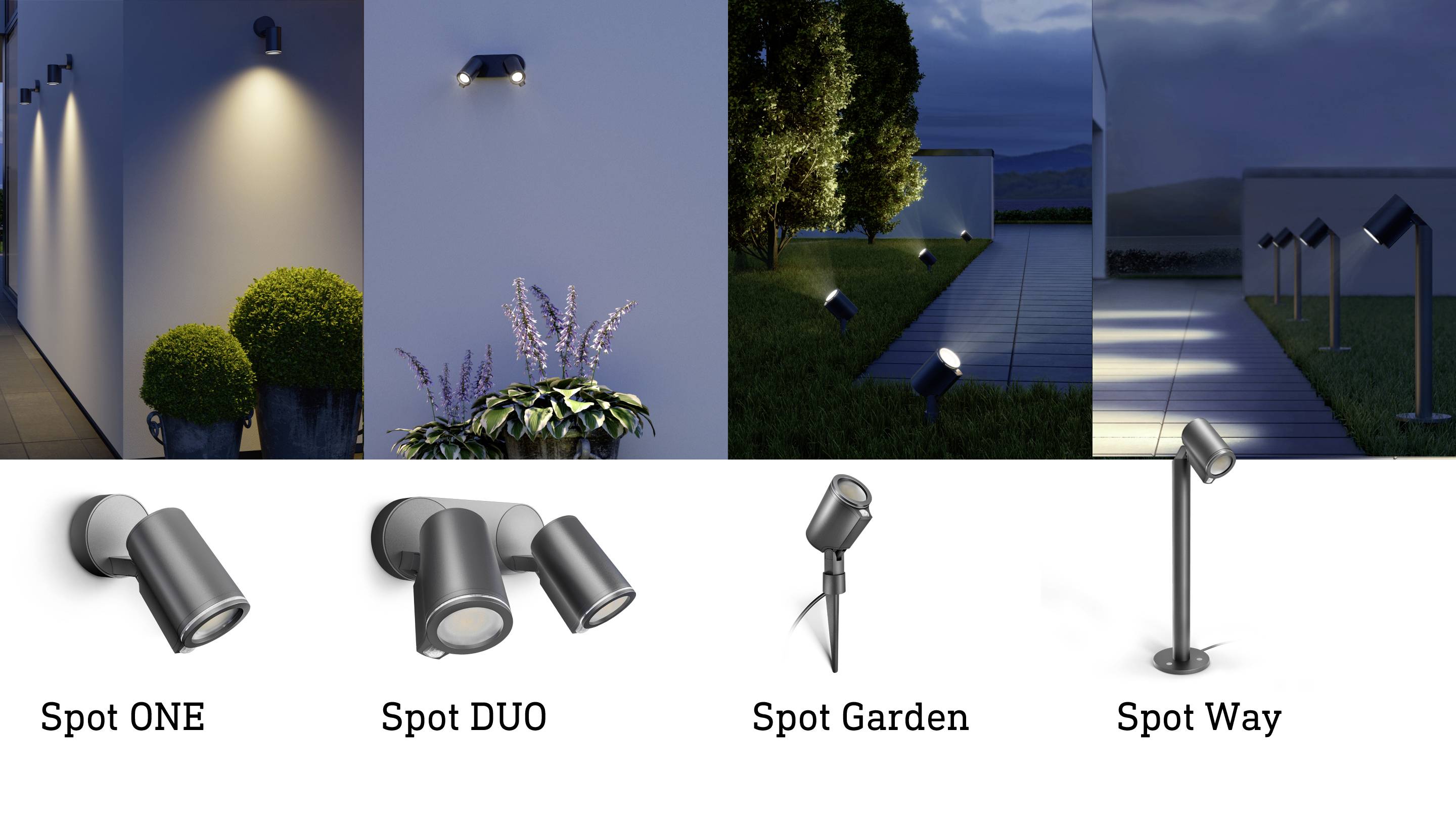 Wandleuchten und Gartenstrahler im Einsatz bei Tag und Nacht. Modelle: Spot ONE, Spot DUO, Spot Garden, Spot Way. Beleuchten Wege und Pflanzen.