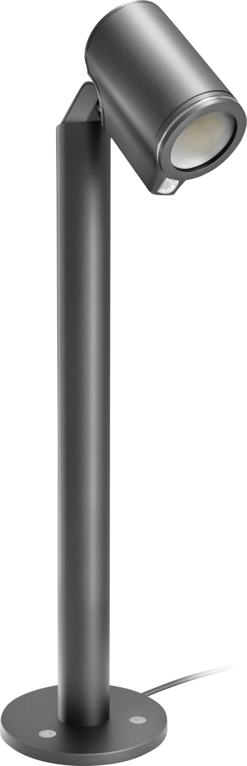 Schwarzer Außenstrahler auf einer runden Basis, mit einem abgewinkelten zylindrischen Kopf auf einem schlanken Mast und einem Kabel am unteren Ende.