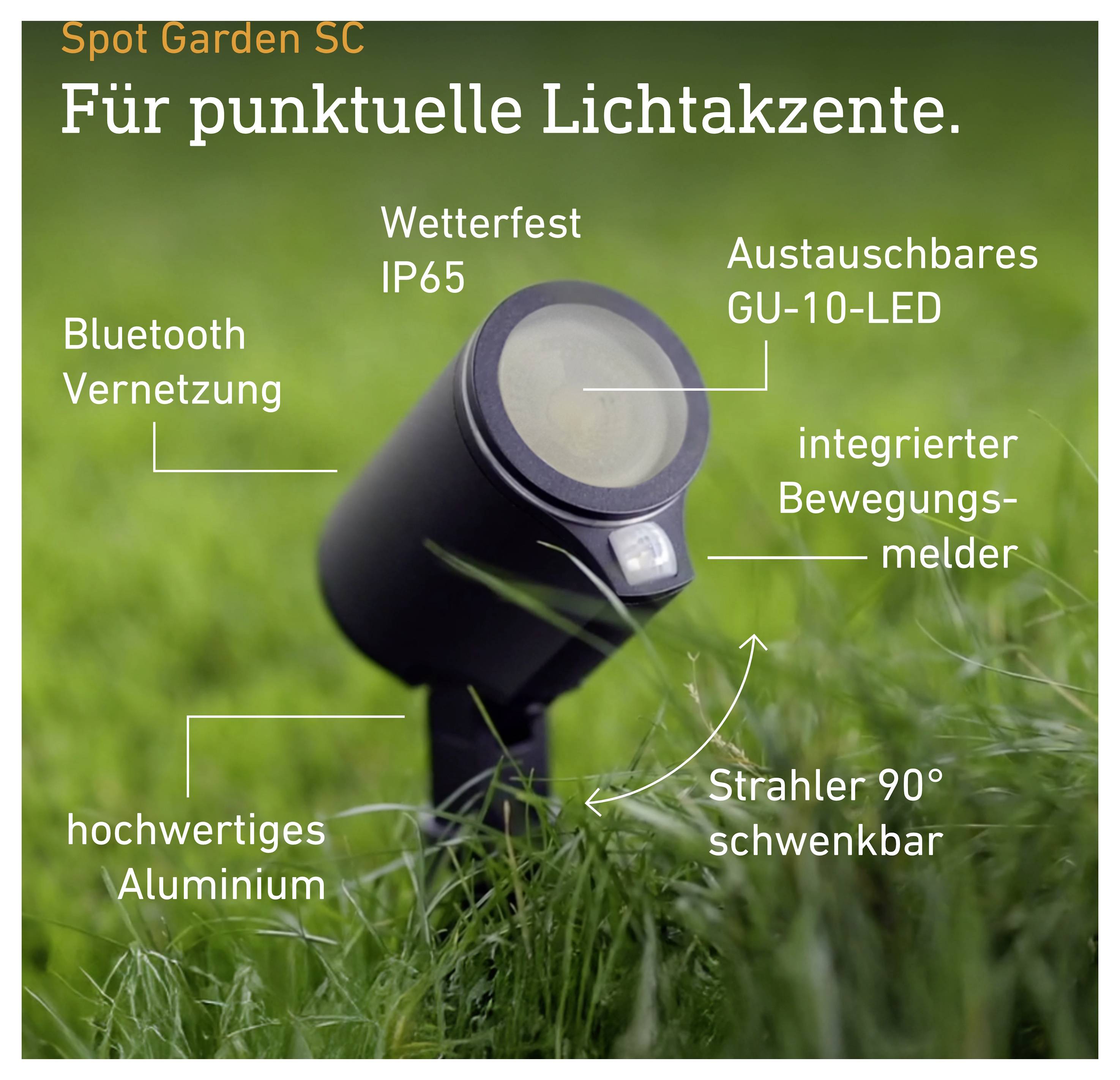 Werbeabbildung eines schwarzen Gartenstrahlers im Gras mit Merkmalen: Bluetooth, wetterfest IP65, austauschbare GU-10-LED, Bewegungsmelder, 90° schwenkbar.