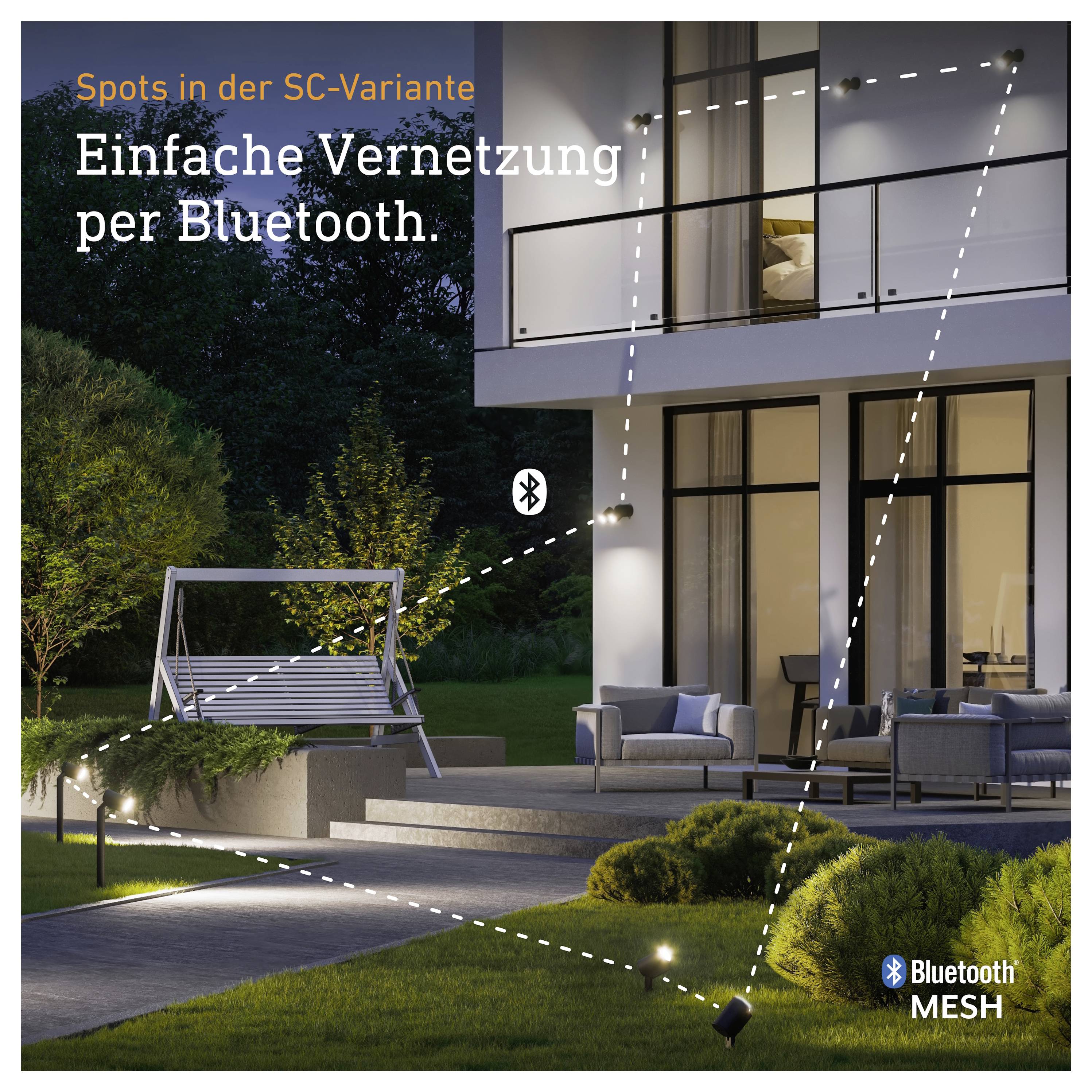 Werbeanzeige für Bluetooth-Mesh: modernes Haus und Garten mit markierten Spots, Titel 'Einfache Vernetzung per Bluetooth.'